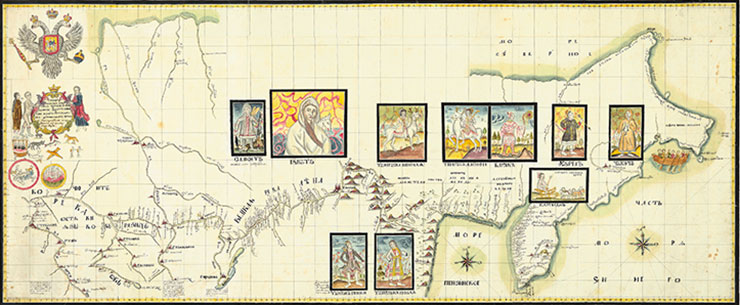 A copy of the map of the territory through which the First Kamchatka Expedition traveled from Tobolsk to Kamchatka, which was made in 1729 by Petr A. Chaplin. The drawings in the frames depict representatives of the indigenous peoples with whom the expedition members came into contact. This sample map was sent in 1777 to Göttingen by G.T. von Aschen, a German physician in Russian service, who lectured at the University of Göttingen. Watercolor, ink. Public Domain A copy of the map of the territory through which the First Kamchatka Expedition traveled from Tobolsk to Kamchatka, which was made in 1729 by Petr A. Chaplin. The drawings in the frames depict representatives of the indigenous peoples with whom the expedition members came into contact. This sample map was sent in 1777 to Göttingen by G.T. von Aschen, a German physician in Russian service, who lectured at the University of Göttingen. Watercolor, ink. Public Domain