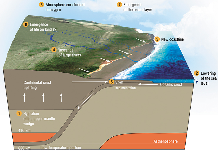 Subduction, or submersion of solid crust back  to the mantle is one of the most important processes hastening the emergence of life on the Earth. During subduction, sedimentary matter and hydrous minerals are brought beneath continents, and continent elevations increase owing to “swelling” of the mantle. This process provides conditions for emergence of river networks and topographic features, to create prerequisites for formation of stable ecosystems. According to: (Maruyama, Liou, 2005; Superplumes, 2007)
