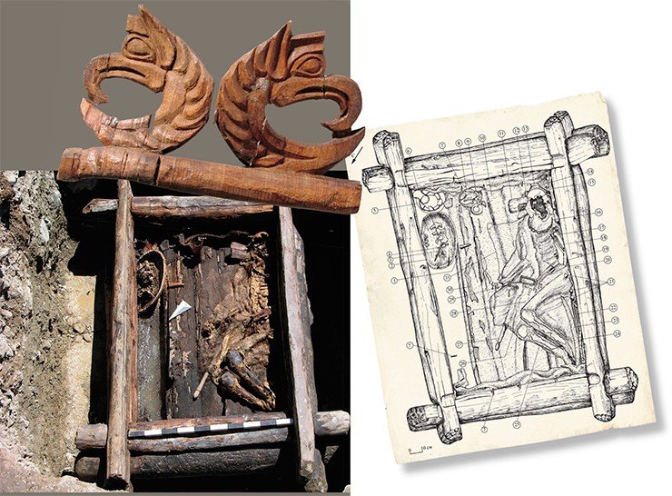 Деревянное украшение упряжи. Общий вид погребения в срубе и его прорисовка. Памятник Олон-Курин-Гол-10 (Курган № 1)