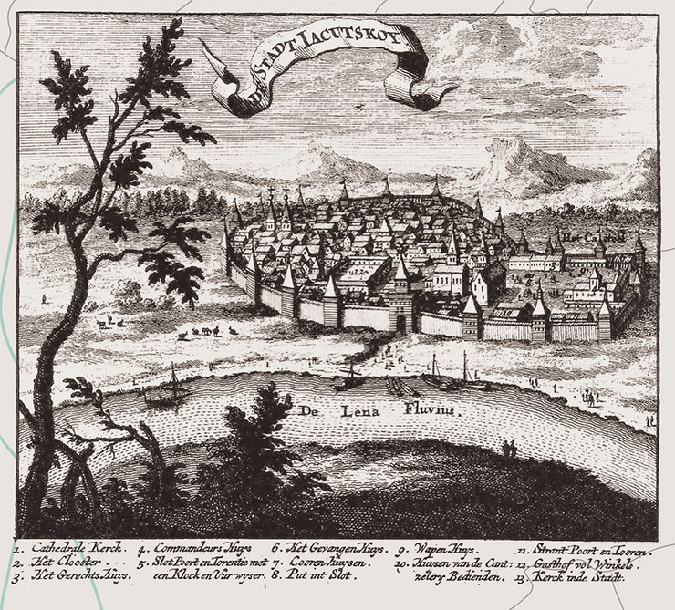 View of the town of Yakutsk. Engraving from the book Noord en Oost Tartarye (Northern and Eastern Tartaria) by N. Witsen (1692). Public Domain View of the town of Yakutsk. Engraving from the book Noord en Oost Tartarye (Northern and Eastern Tartaria) by N. Witsen (1692). Public Domain