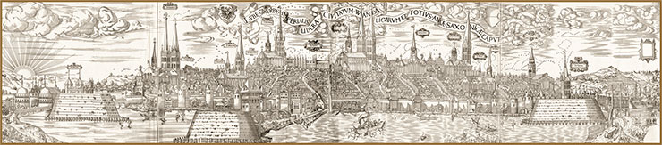 Panorama of Lübeck, 1552. Wood engraving by E. Diebel, an artist and engraver. Public Domain