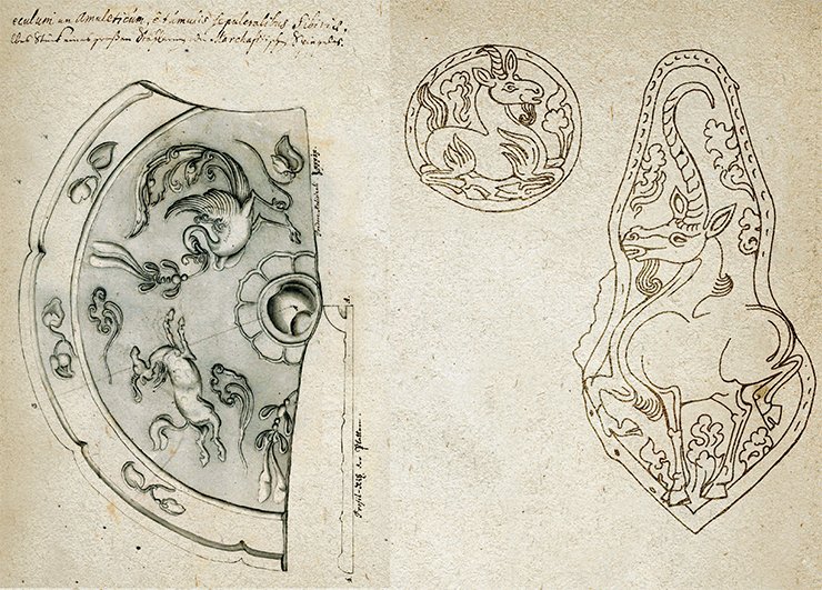 Left: fragment of a mirror depicting a Phoenix and a kylin – a magnificent sample of the Tang art, 618—907 AD. The mirror was discovered by the well-known Russian scholar D. G. Messerschmidt but then lost, and only the drawing made in early 18th c. has survived. Apart from the Phoenix and kylin, the mirror shows the so-called “precious clouds” (baoyun) inserted in the ornament to emphasize the well-wishing (Lubo-Lesnichenko, 1975). These clouds can be seen in the depictions of the unicorns found at the Gol Mod necropolis. On right: Silver plates which are horse harness adornments from the Khunnu necropolis of Gol Mod, Mongolia. Drawings. Excavations by the French-Mongolian expedition, 2002—2005