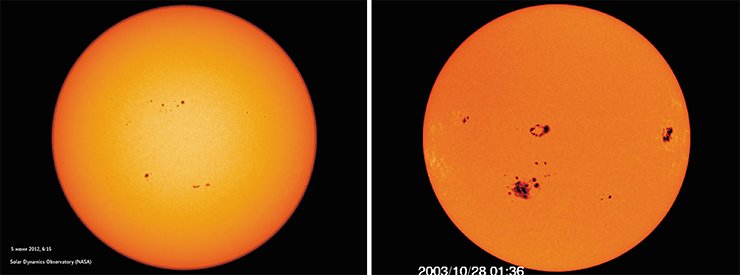 Справа: солнце в белом свете 5 июня 2012 г. Фото: Solar Dynamics Observatory, NASA. Слева: вокруг пятен на Солнце имеются светлые прожилки, особенно заметные ближе к лимбу. Фото сделано в видимом диапазоне 28 октября 2003 г. Credit: SOHO (ESA, NASA)