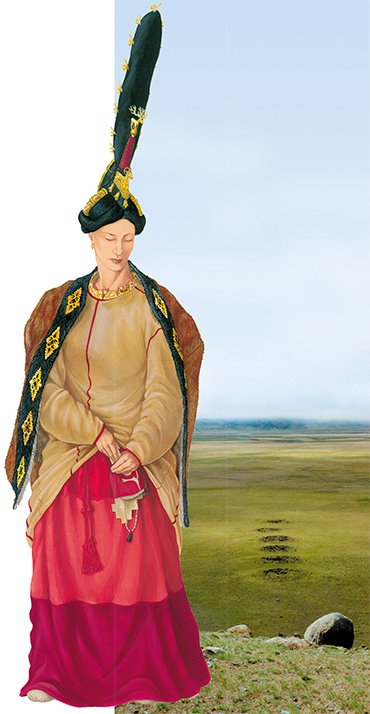 Female costume. All clothes used in this reconstruction were found on the mummified woman from Tomb 1 of the Ak-Alakha-3 burial site. The woman is wearing a coat of marmot skin decorated with black colt’s skin (the colt’s skin found in the burial had no inner side).  Physical and chemical analyses of the skirt showed that the middle band had not been white (as it first seemed), but had been dyed red in a weak solution of the dyestuffs used to color other bands of the skirt. All decorations and accessories used in this reconstruction are based on the originals. Reconstructed by D. Pozdnyakov. Ukok Plateau. View of a chain of Pazyryk burial mounds