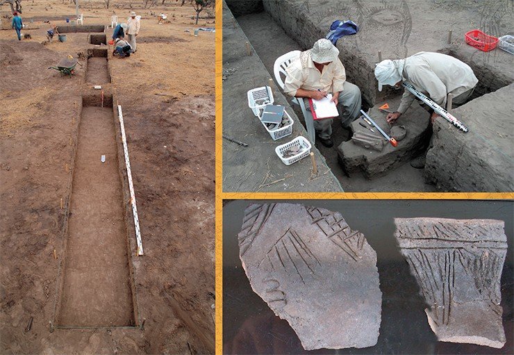 Одна из двух 20-метровых траншей, заложенных на Реаль-Альто в 2015 г. Обнаруженные в траншеях погребения тщательно расчищались и документировались археологами. Внизу – фрагменты керамики, предположительно относящиеся к раннекерамической культуре, существовавшей 5,5—5,0 тыс. л. н., которой археологи дали название «Сан-Педро»