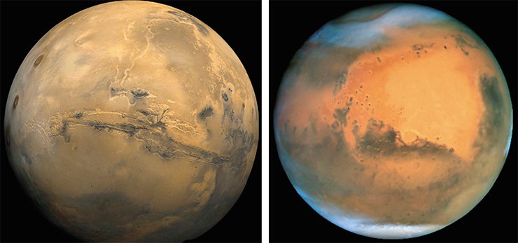Долины Маринера – самый длинный и глубокий каньон на Марсе (слева). Облака в атмосфере и полярные шапки Марса (Космический телескоп «Хаббл», NASA, ESA)