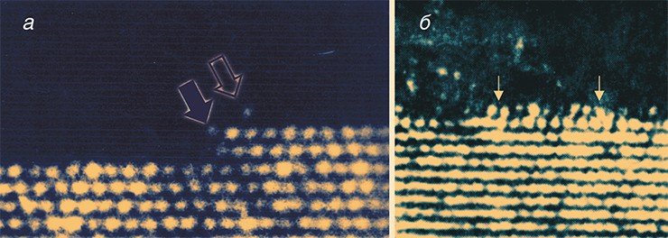 Границы раздела кристаллов Ge (а) и InSb (б) с пленками оксида на поверхности. Электронный микроскоп с высоким разрешением