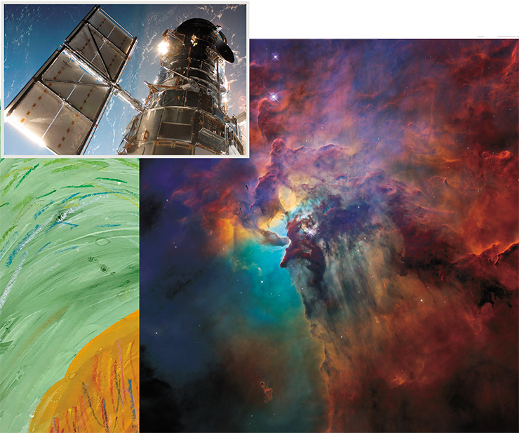 Телескоп «Хаббл» – автоматическая обсерватория на орбите вокруг Земли, названная в честь американского астронома и космолога Э. Хаббла (вверху). Credit: NASA. Внизу – фото, сделанное «Хабблом». Credit: NASA, ESA, and STSc