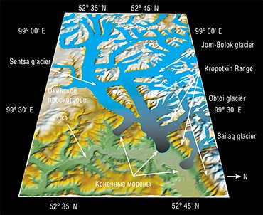 Valleys of the Sentsa, Jom-Bolok, Sailag, and other rivers in the last glaciation. Shuttle Radar Topography Mission