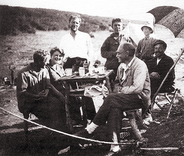 Yulia N. Kell, mother of Nikolai Dobretsov, with Profs. A. N. Zavaritsky and B. I. Piip (future Corresponding Member of the Academy of Sciences and the first director of the Institute of Volcanology of the Siberian Branch of the USSR Academy of Sciences) at a field camp at the foot of Avachinsky Volcano (Kamchatka), 1931