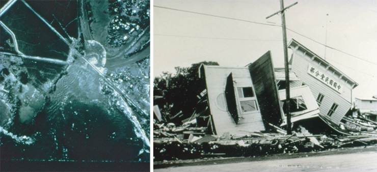 Left: in 1952, a tsunami caused by an earthquake near Kamchatka struck the Hawaiian Islands. Luckily, there were no victims. In the photo: the fourth tsunami wave attacking the Island of Oahu. Photo by D. Curtis. Right: the tsunami caused by an earthquake in the sea near Chile in 1960 claimed thousands of human lives