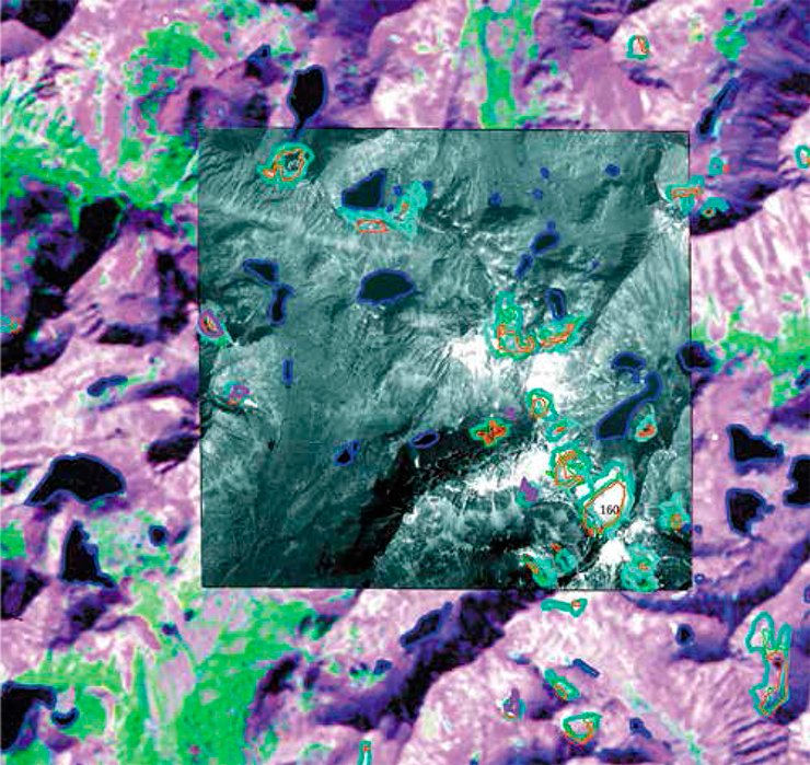 Comparison of data obtained in various years shows that glaciers and other snow and ice bodies on the Barguzin Range shrank notably and some disappeared at all. The outlines of glaciers are superimposed on the space images Landsat-ETM of 2010 (resolution 15 m) and WorldView-1 of 2008 (resolution 0.5 m). Data from the topographic map of the 1960s (blue contour) and space images Landsat (green for 2009 and red for 2010) are invoked. Snow and ice bodies (lilac) and lakes (blue) are shown according to GPS data