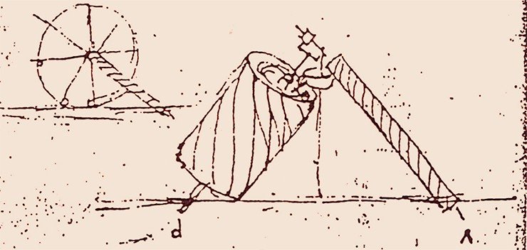 Сцепка из двух винтов Архимеда – одна из схем, предложенных, а затем отвергнутых Леонардо в ходе многолетних попыток создать вечный двигатель