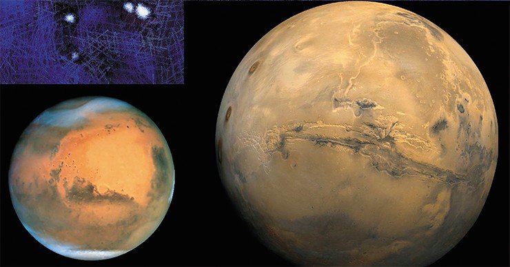Облака в атмосфере и полярные шапки Марса (космический телескоп «Хаббл», NASA, ESA). Долины Маринера. Снимок представляет собой мозаику из 102 кадров, полученных орбитальным аппаратом «Викинг-1» в 1980 г. (справа). Credit: NASA