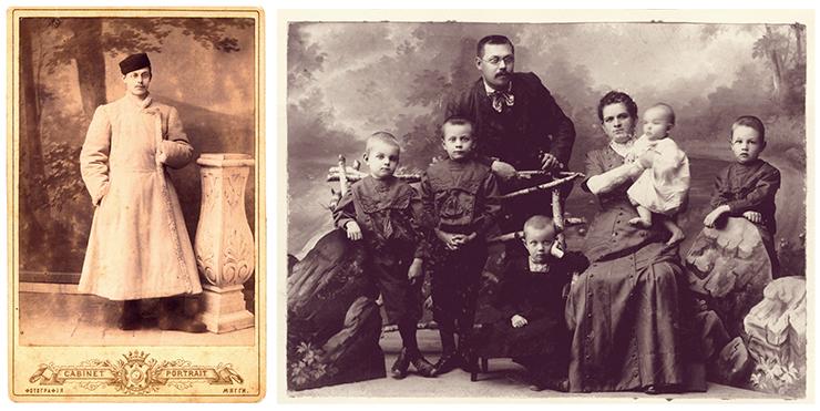 Дед по отцовской линии, Н. Н. Добрецов (фото слева) с женой и детьми (фото справа) проживал в Великом Устюге. Крайний справа – 5 летний Леонтий Добрецов