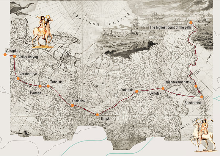 The expedition route across the territory of the Russian Empire passed through the following cities and towns: Vologda, Veliky Ustyug, Verkhoturye, Tyumen, Tobolsk, Yeniseisk, Ilimsk, Yakutsk, Okhotsk. The continental route was a total of 9000 km The expedition route across the territory of the Russian Empire passed through the following cities and towns: Vologda, Veliky Ustyug, Verkhoturye, Tyumen, Tobolsk, Yeniseisk, Ilimsk, Yakutsk, Okhotsk. The continental route was a total of 9000 km