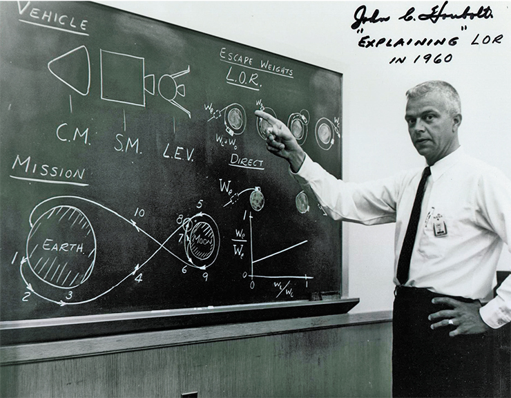 John Houbolt explains the scheme of flight to the Moon (1960). The photo from J. Hansen’s book (1965). The photo is signed by Houbolt