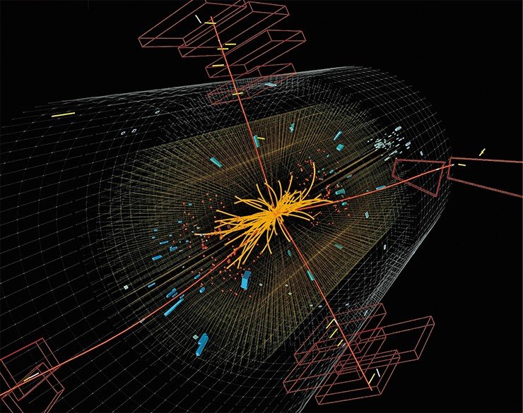Распад частицы, предположительно, бозона Хиггса с массой 124,5—124,6 ГэВ на четыре электрона. Событие было зарегистрировано детектором ATLAS 18 мая 2012 г. Треки мюонов и электронных пар изображены красным и синим. © CERN