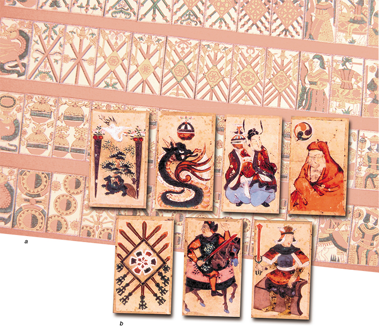 Paper cards of Japanese production. Suits and high rank cards are designated by symbols different from those of usual playing cards: a – Europeanized cards tenshyo (the middle of the 16th century), b – Japanized cards unsun (the end of the 16th century)