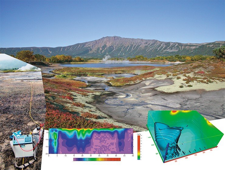 В 2008 г. с помощью электроразведки аппаратурой ЭМС (слева) были изучены вулканогенные структуры Камчатки, в том числе и строение центрального рудного поля кальдеры Узона (вверху) – одного из самых известных камчатских вулканов. Геоэлектрический разрез через рудное поле (внизу в центре). Красным цветом отмечена менее проводящая зона, фиолетовым – более проводящая, соответствующая залегающим под поверхностью высокоминерализованным термальным водам. Трехмерное распределение геотермальных растворов определенной температуры и минерализации (справа внизу)
