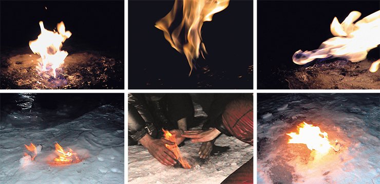 Факелы природного газа, скопившегося подо льдом озера в районе авандельты реки Селенги. Фото О. Хлыстова