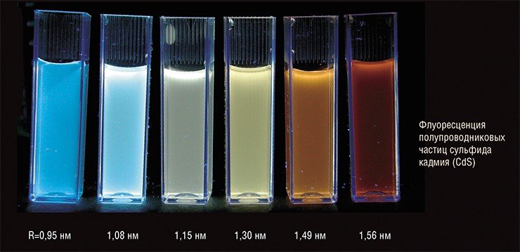 Полупроводниковые наночастицы – квантовые точки – на основе сульфида кадмия флуоресцируют в водных растворах. Длина волны испускаемого ими света зависит от величины частиц: при увеличении размеров наблюдается смещение из коротковолновой (голубой) в длинноволновую (красную) область видимого спектра. Такие частицы используются в качестве эффективных меток при создании линейки олигонуклеотидных зондов для биоаналитических целей. Фото Р. Анарбаева (ИХБФМ СО РАН)