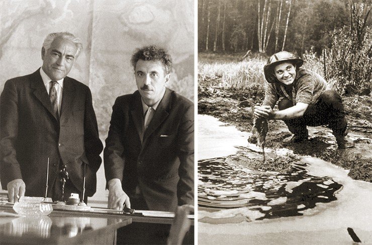 Слева: начальник Главтюменьгеологии Ю. Г. Эрвье и его преемник Ф. К. Салманов. Конец 1970-х гг. Справа: «озеро» из тюменской нефти 