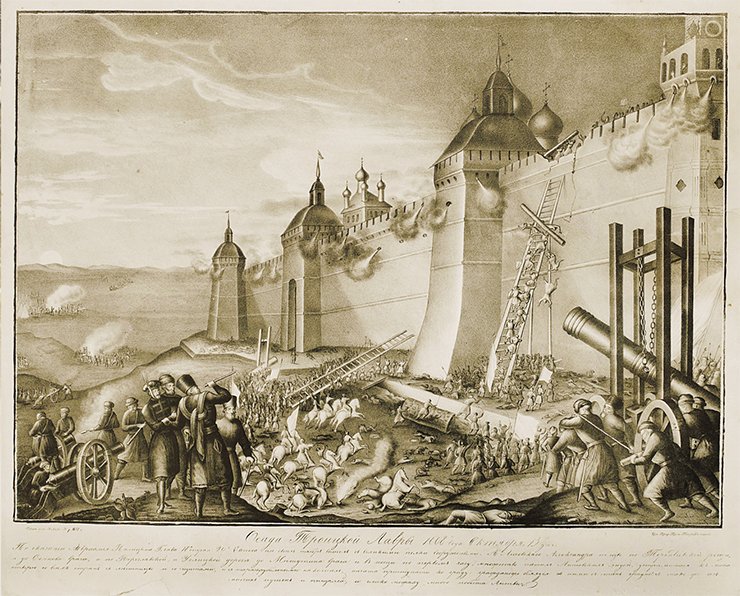 “Sapega began to approach the monastery, digging many tunnels and throwing burning cannon balls but no one can withstand God,” this is how The Latukhin Book of Degrees (sheet 1000) pictures the siege of the Trinity Monastery of St. Sergius. This 19th-century lithograph depicts one of the most dramatic episodes of the heroic defense of the monastery – the heavy attack by the Polish on 13 October 1608. Sergiev Posad State Open-Air Museum of History and Art
