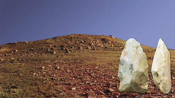 Numerous traces of the early man were discovered in Kazakhstan and Central Asia. In particular, on the dry eastern coast of the Caspian Sea, tens of thousands of primitive stone tools were found: in the Mugodzhar Hills alone (top), dozens of ancient hand axes – bifaces – can be collected on an area of one square meter