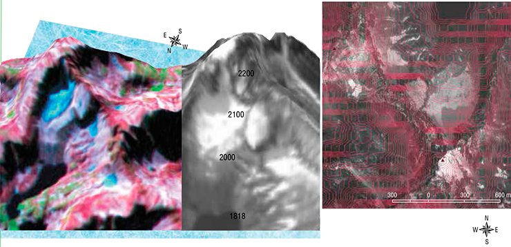 Rightmost Modern geoinformational systems allowed geographers to visualize all details of the Urel-Amutis glacier. First, isohypses were constructed with the assistance of a radar imaging satellite (rightmost; against the background of a WorldView-1 space image). Then a digital topographic model was constructed from the isohypses with the use of Landsat-ETM (left) and WorldView-1 (right) space images 
