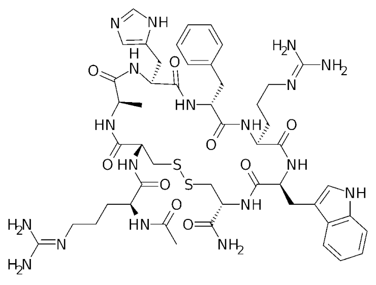 Химическая структура сетмеланотида – агониста рецепторов меланокортина-4 (MC4R), который обычно используется для лечения людей с редкой мутацией в гене POMC. Public Domain