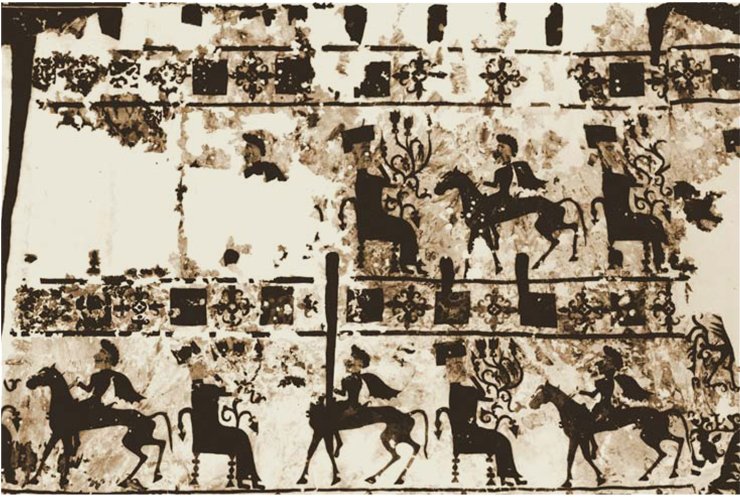 Рис. 4.4. Войлочный ковер из пятого Пазырыкского кургана, общий вид. Фото 1950 года. Эрмитаж, № 1687-95
