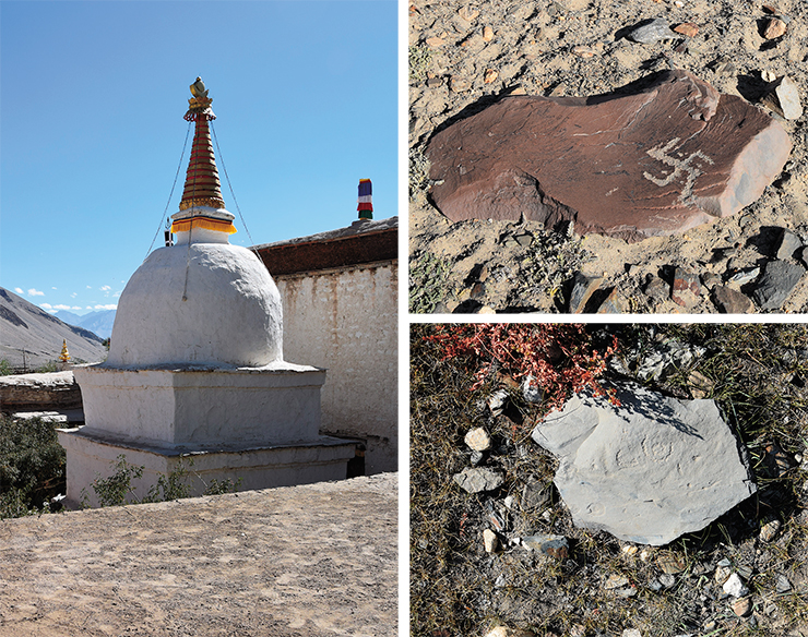 Kanishka chorten on the territory of the Sani Monastery. Zanskar. Akshow petroglyphs (right). Among the more modern signs, one can notice individual symbols—swastikas, the Sun, and the Moon—which have no patina and stand out clearly by their lighter color on the dark patinated surfaces of the stones. Zanskar, 2019