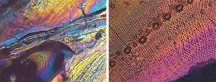 Surface of the iron-based metallic glass after electron beam melting in the optical polarizing microscope at different magnification. Optical polarization microscopy