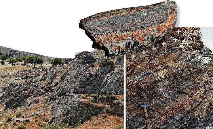 На Хан-Богдинском гранитном массиве рудные участки с эльпидитом могут образовывать очень необычные расслоенные жильные тела, состоящие из мелкозернистых гранитов и среднезернистых пегматитов (справа внизу) (Владыкин, 1983). Протяженность таких жильных тел составляет до 2 км при толщине до 15 м. И граниты, и пегматиты имеют одинаковый минеральный состав, куда входит до 20 % эльпидита. Справа вверху – фрагмент расслоенного жильного тела: красный минерал – эльпидит, черный – арфведсонит, белый – микроклин, серый – кварц