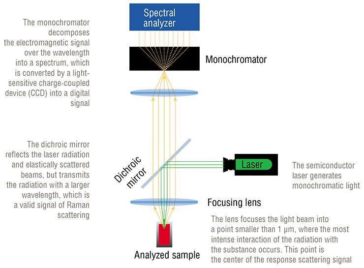 In the new portable Raman spectrometer with a special structure, the same dichroic mirror is used both to direct the laser beam onto the object to be analyzed and to cut off elastically scattered light beams. The monochromator, which determines the width of the recorded spectral range, has an optimal size providing both compactness and good resolution of the analyzer. The schematic design of the analyzer is shown on the top