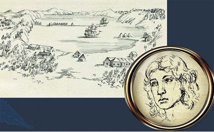 Petropavlovsk Harbor in 1740. The ships of the expedition lie at anchor. Drawing by O. Pomytkina after the illustration in the book Description of the Land of Kamchatka by S. P. Krasheninnikov (1755). Supposedly, a portrait of G. W. Steller, made in Danzig before his departure to Russia. Drawing by O. Pomytkina after a pencil drawing on cardboard