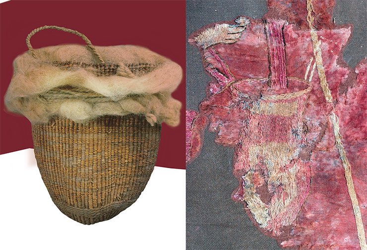 Judging by the elongated proportions of the filter depicted in the carpet, it is either woven or made of twigs. Similar artifacts were discovered at the Xinjiang burial grounds (above; Wieczorek und Lind, 2007). Such vessels, woven from grass or wool, must have been widely used in the ancient times, alongside ceramic, stone, horn, wooden, and metal ones