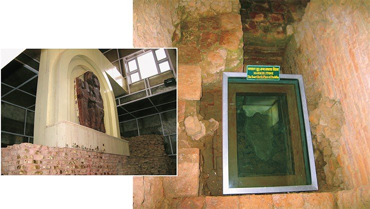 Слева: барельеф над местом рождения Будды в Лумбини. Справа: «точное» место рождения Сиддхартхи Гаутамы – будущего Будды Шакьямуни