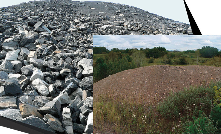 Угольные терриконы Кузбасса. Справа – отвал, который не зарос за полстолетия. Фото А. Куприянова