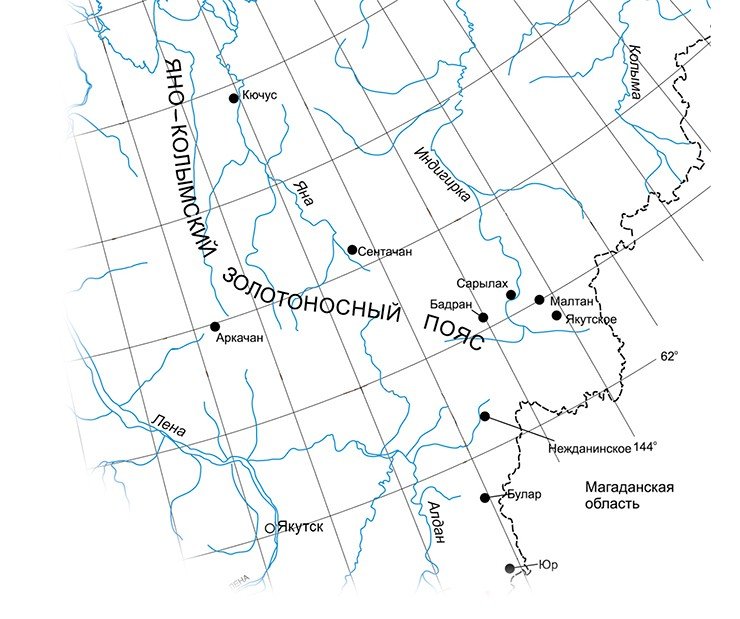 Схема расположения наиболее крупных золоторудных месторождений Восточной Якутии