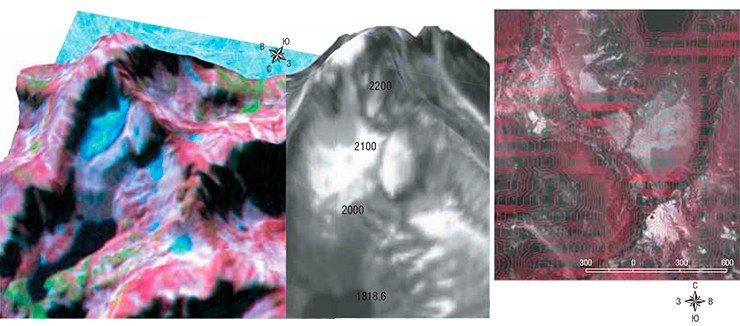 Благодаря современным методам ГИС-анализа, географы смогли заранее рассмотреть все детали строения ледника Урёл-Амутис. Сначала с помощью радарного спутника были получены изолинии высот (крайний справа, на фоне космоснимка WorldView-1), по которым построили цифровую модель рельефа с использованием космоснимков Landsat-ETM (слева) и WorldView-1 (справа)