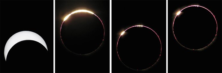 Несмотря на капризы природы, ученым удалось получить впечатляющие снимки частных фаз затмения, «бриллиантового кольца» и малинового кольца хромосферы с многочисленными протуберанцами, а также и короны Солнца. Фото М. Гаврилова