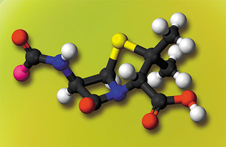 Трехмерная модель атомной структуры молекулы антибиотика пенициллина G из группы биосинтетических пенициллинов. Оказывает бактерицидное действие за счет ингибирования синтеза клеточной стенки бактерии. Public Domain/Benjah-bmm27