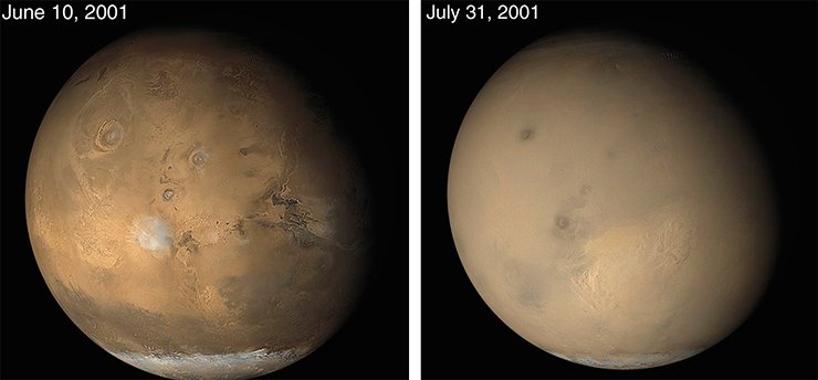 Марс в штиль (слева). Весенний ветер вызвал пылевую бурю на всей планете (справа)