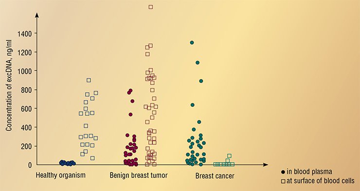 The distribution of circulating extracellular DNA in blood in healthy women and those with tumors of mammary glands differs considerably. In healthy women, all DNA is absorbed on the surface of blood cells. In pathology, DNA concentration increases in blood plasma. In benign turmors, DNA concentration on the surface of blood cells does not differ from that in healthy women, while in cancer patients it decreases more than 30 times
