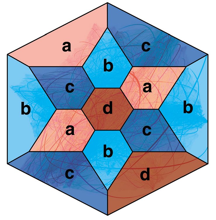 Для построения шестиугольной призмы Лебелля в качестве исходной формы возьмем прямоугольный многогранник Р, все двугранные (и плоские) углы которого равны 90°. Окрасим его грани в четыре цвета: а = крАсный, b = голуБой, с = Синий и d = борДовый так, чтобы смежные грани были окрашены в разный цвет. Один из вариантов окраски показан на рисунке. Для построения нужного многообразия потребуется 8 совершенно одинаковых экземпляров многогранника Р. Отождествим грани восьми многогранников по следующей схеме: a ≡ (15)(26)(37)(48) b ≡ (16)(25)(38)(47) c ≡ (17)(28)(35)(46) d ≡ (18)(27)(36)(45). Символическая запись a ≡ (15)...(ij)...(48) означает следующее. Каждая грань, окрашенная красным цветом (а) на первом экземпляре Р, отождествляется с соответствующей (точно такой же) гранью на пятом экземпляре Р. Аналогично, красная грань на i-ом экземпляре Р отождествляется с соответствующей красной гранью на j-ом экземпляре. Отождествление граней, окрашенных в цвета b, с и d, происходит по тому же правилу