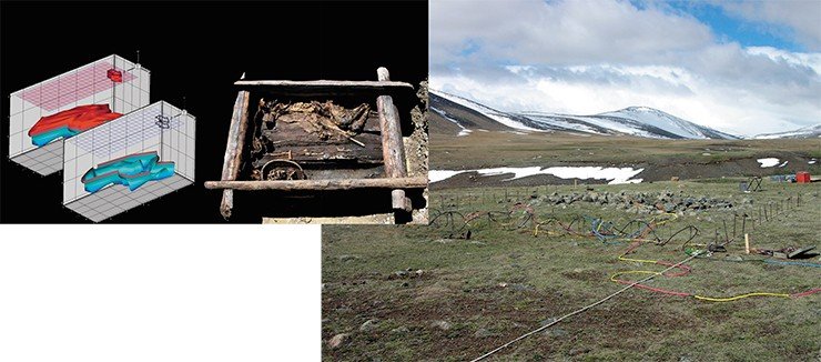 Слева: Трехмерное изображение линзы льда в теле кургана по результатам электроразведки. Справа: Северо-запад Монгольского Алтая. Долина р. Цаган-Салаа, курганный могильник Цаган-Салаа-1 (курган № 1). Установка электротомографии, с системой наблюдения, расположенной по периметру кургана
