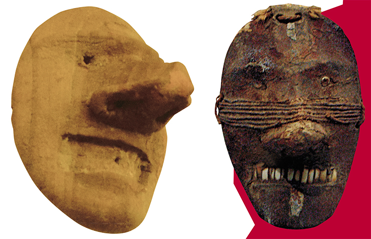 Wooden funeral masks from the Xiaohe burial site (left). Photo by A. Solovyev
