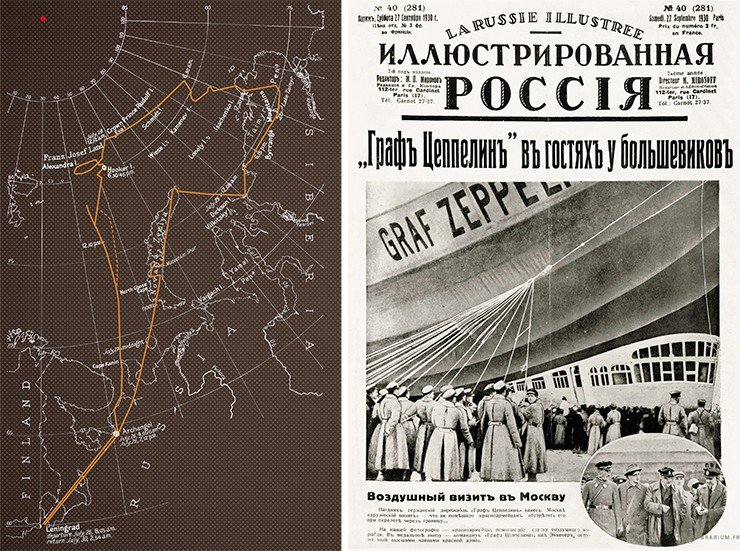 Слева: карта полета дирижабля «Граф Цеппелин» в 1931 г. Справа: Обложка журнала «Иллюстрированная Россия». 1930. № 40 (281)